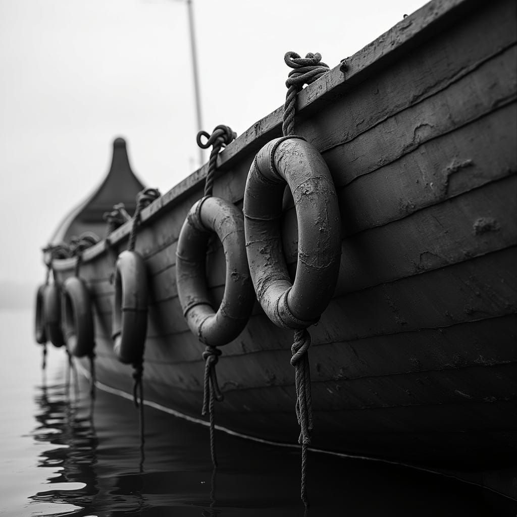 Massive Canoe in Black and White: Close-Up Profile with Life...