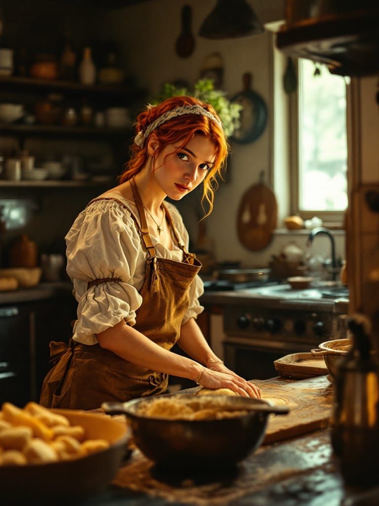 Redhead Baker Kneading Dough in Warm Kitchen