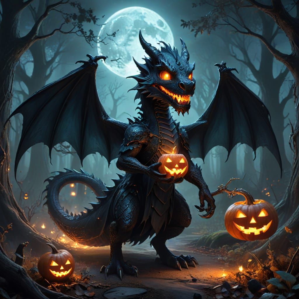 Friendly Black Dragon in Witch Costume with Jack-o'-Lantern