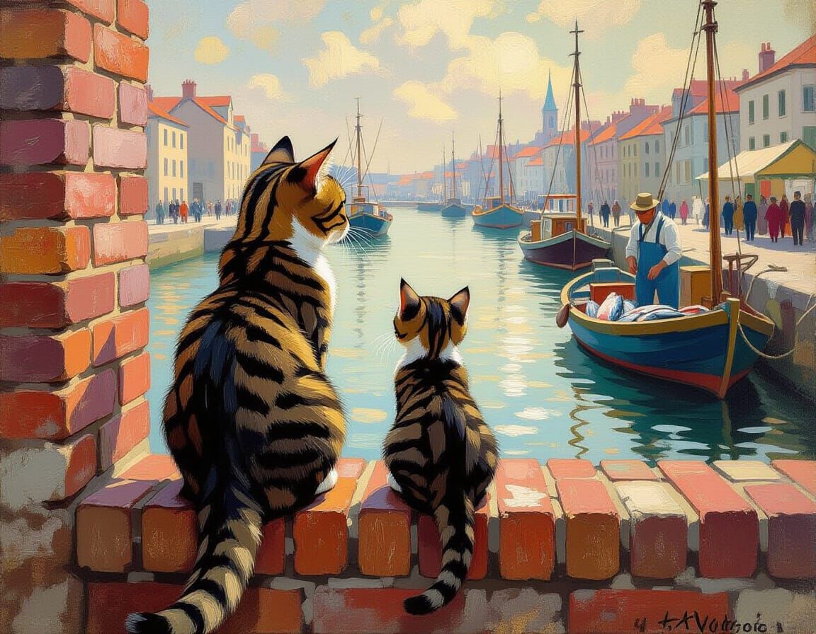 Tabby Cats Observe Fisherman in Impressionist Style