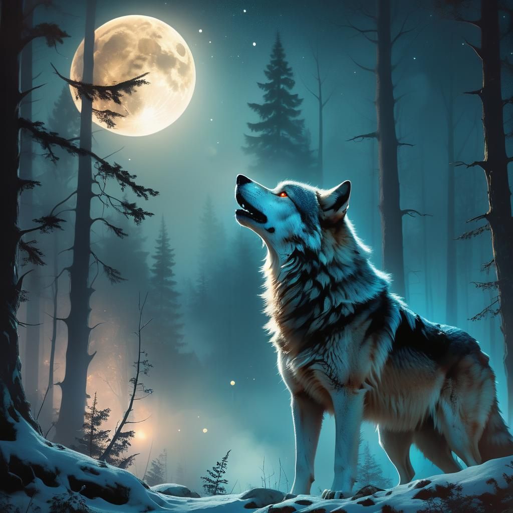 Mystical Wolf Howling at Moon: Digital Matte Painting