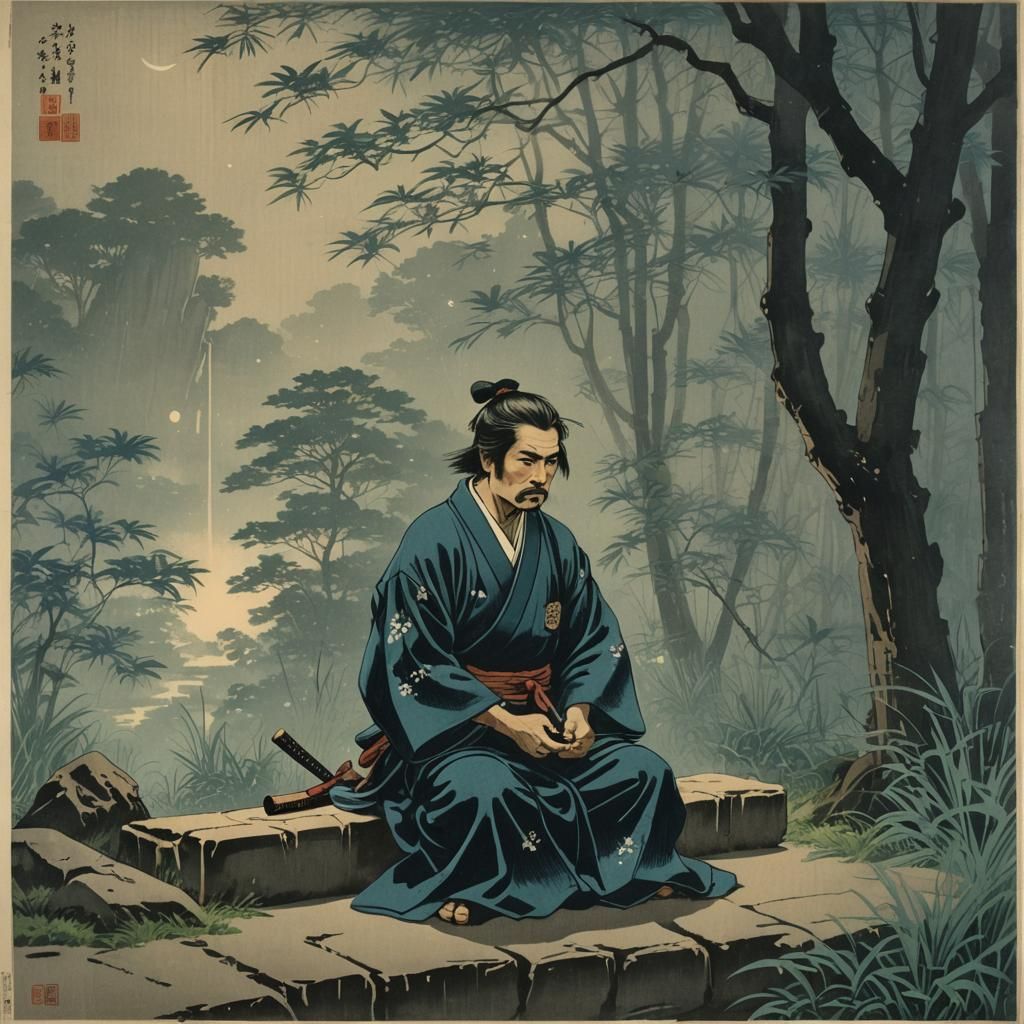 Battle worn samurai resting near Uenoya inn in Yugawara