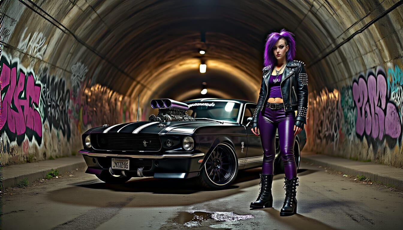 Punk Rock Woman & Muscle Car in Graffiti Tunnel