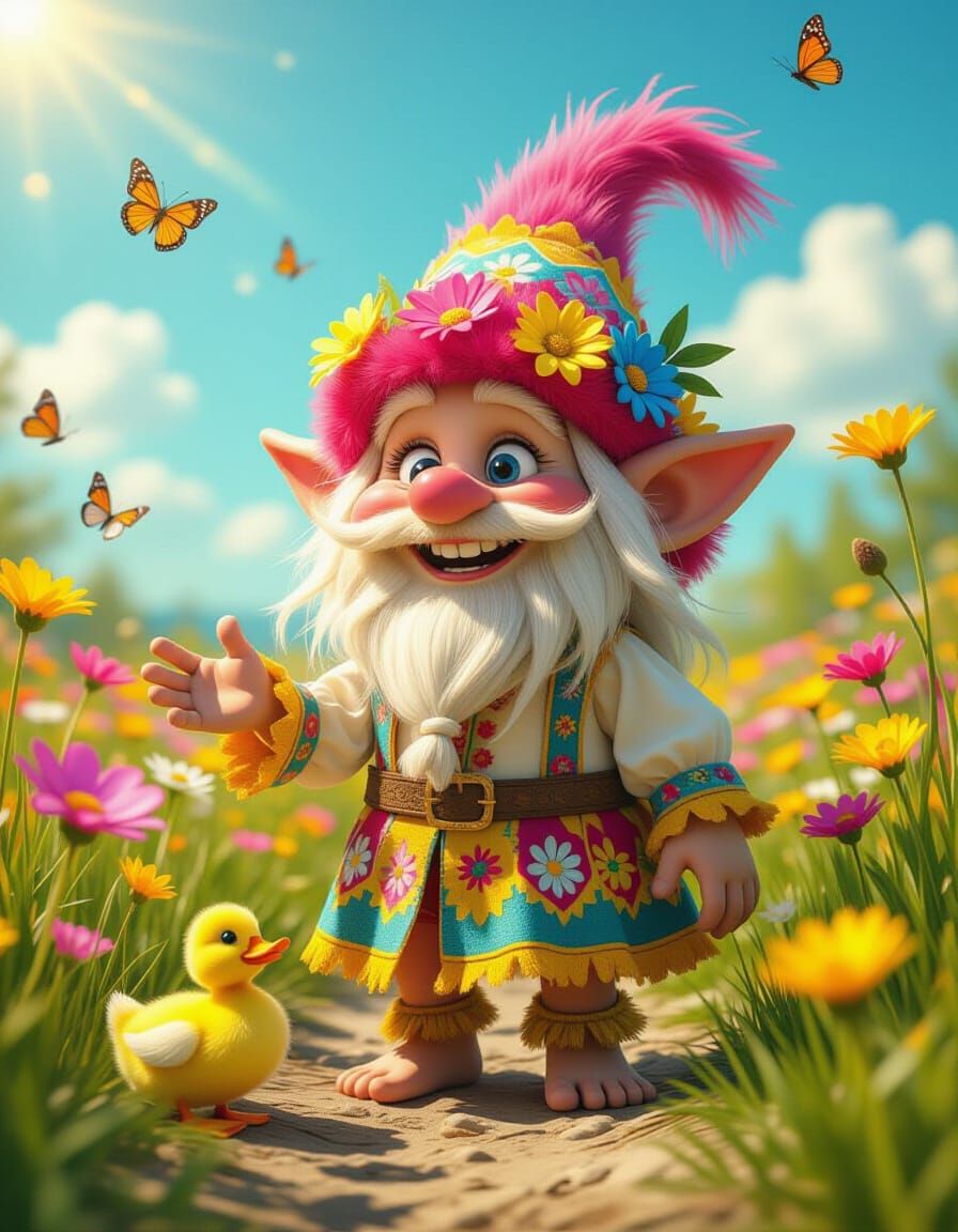 Anthropomorphic Troll with Duck in Flower Meadow