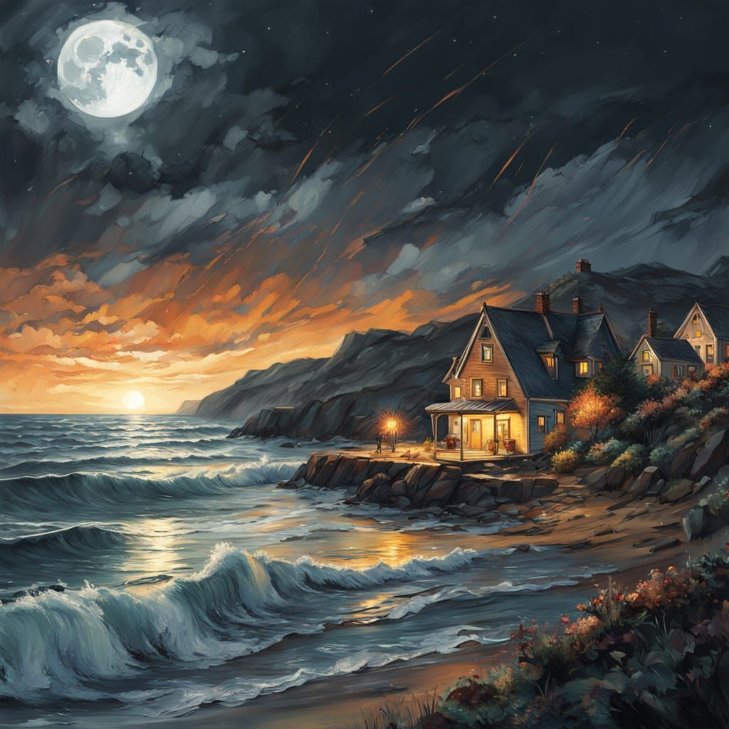 Stormy Night Over Hilly Seaside Landscape