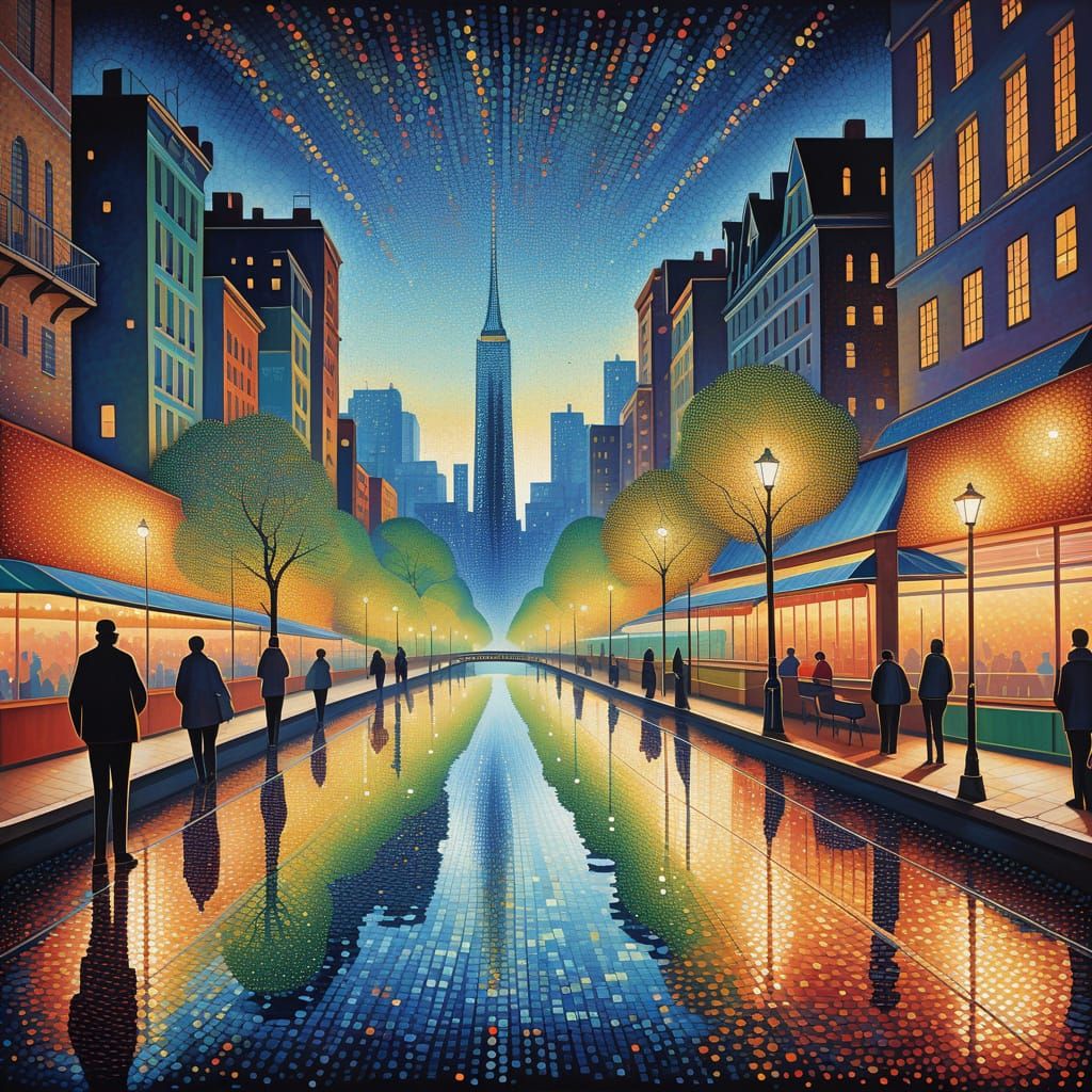 Vibrant Cityscape in Pointillist Style