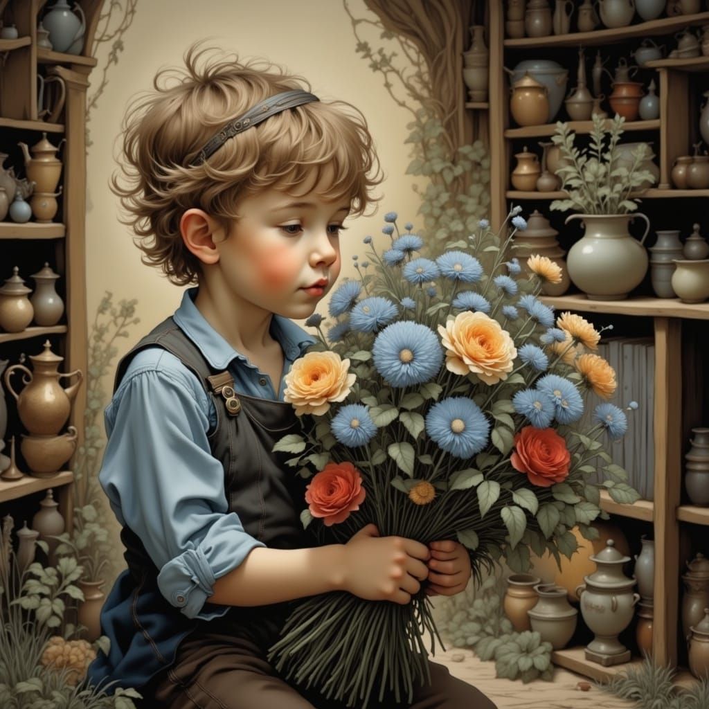 Mother's Tender Moment with a Battered Bouquet in Whimsical...