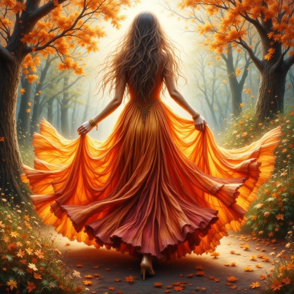 Woman in Autumn Leaf Dress, Ethereal Glow