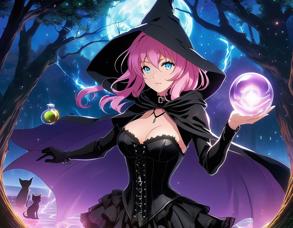 Anime Witch Conjures Elemental Magic in Cemetery