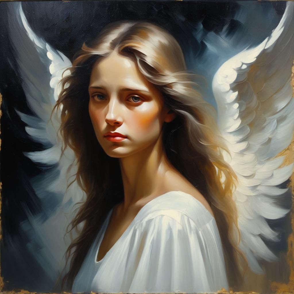Melancholic Oil Painting Portrait of a Beautiful Angel