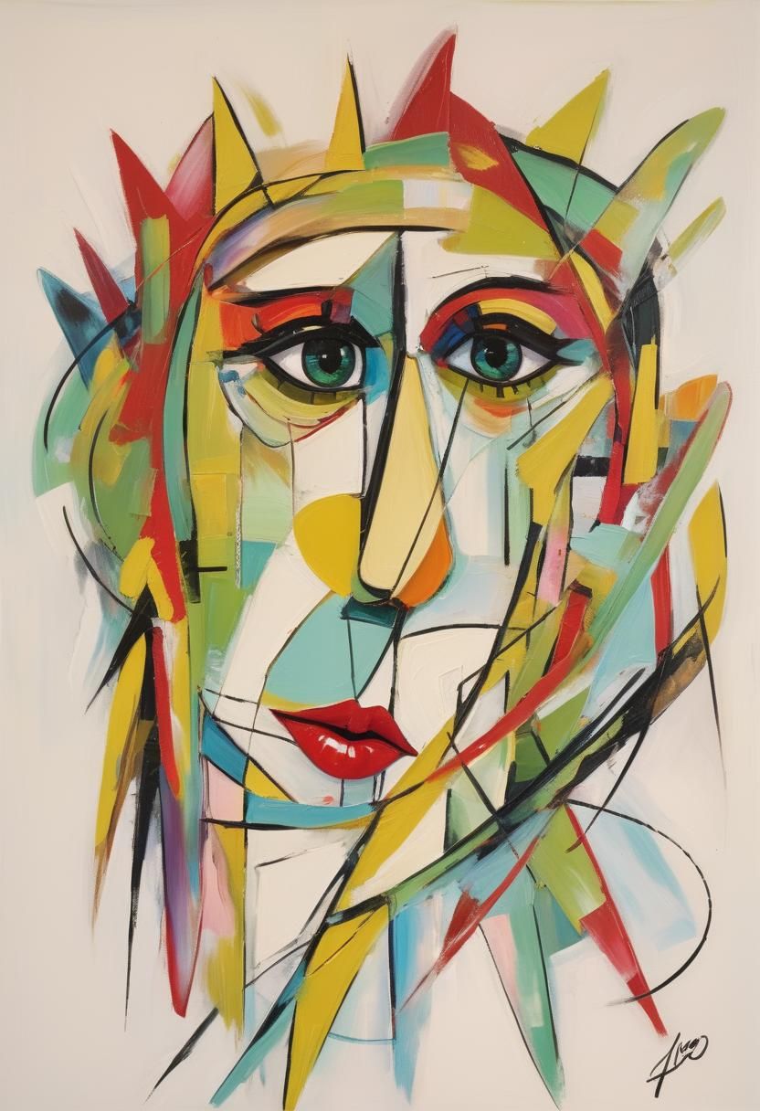 Expressionist Portrait with Abstract Lines and Vibrant Color...