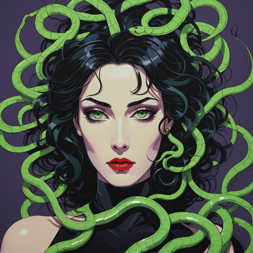 Medusa in Nagel Style with Neon Green Eyes