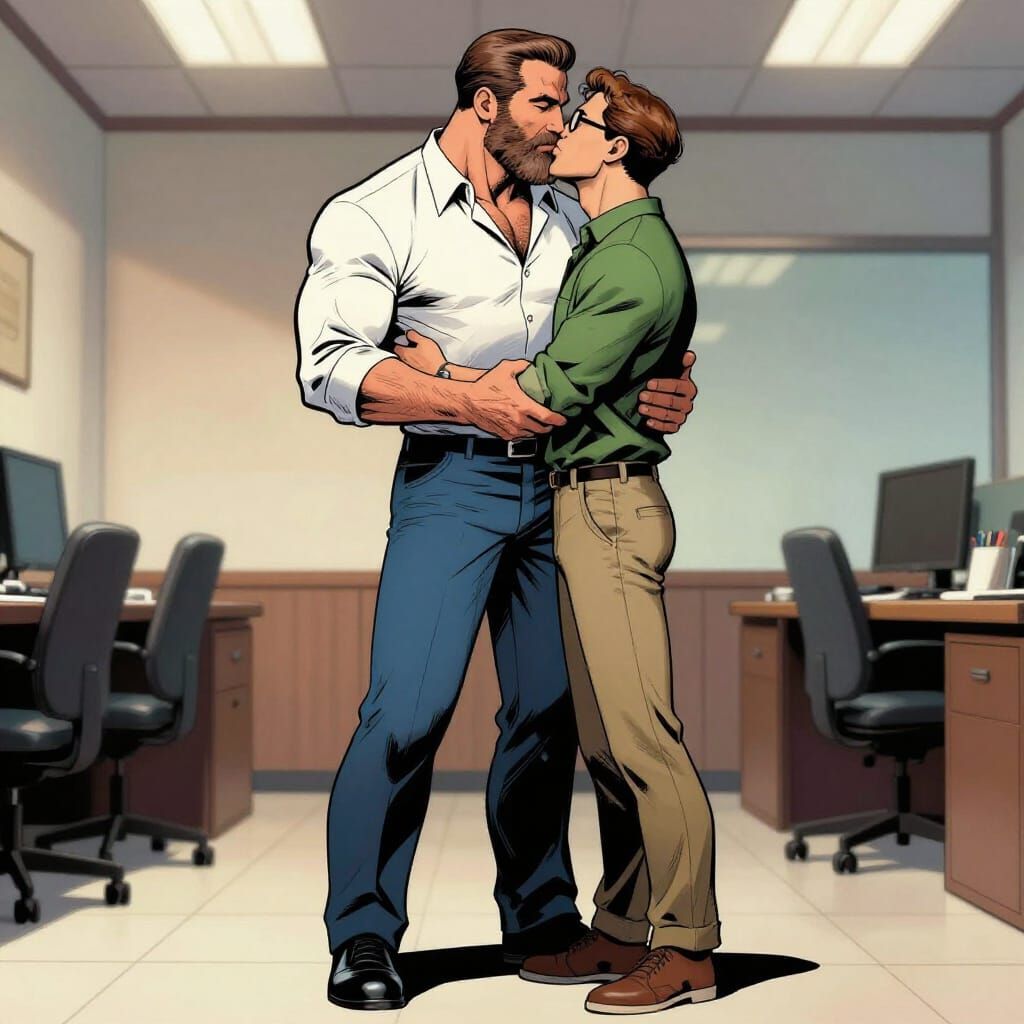 Two Men Embracing in Office, Comic Book Art Style