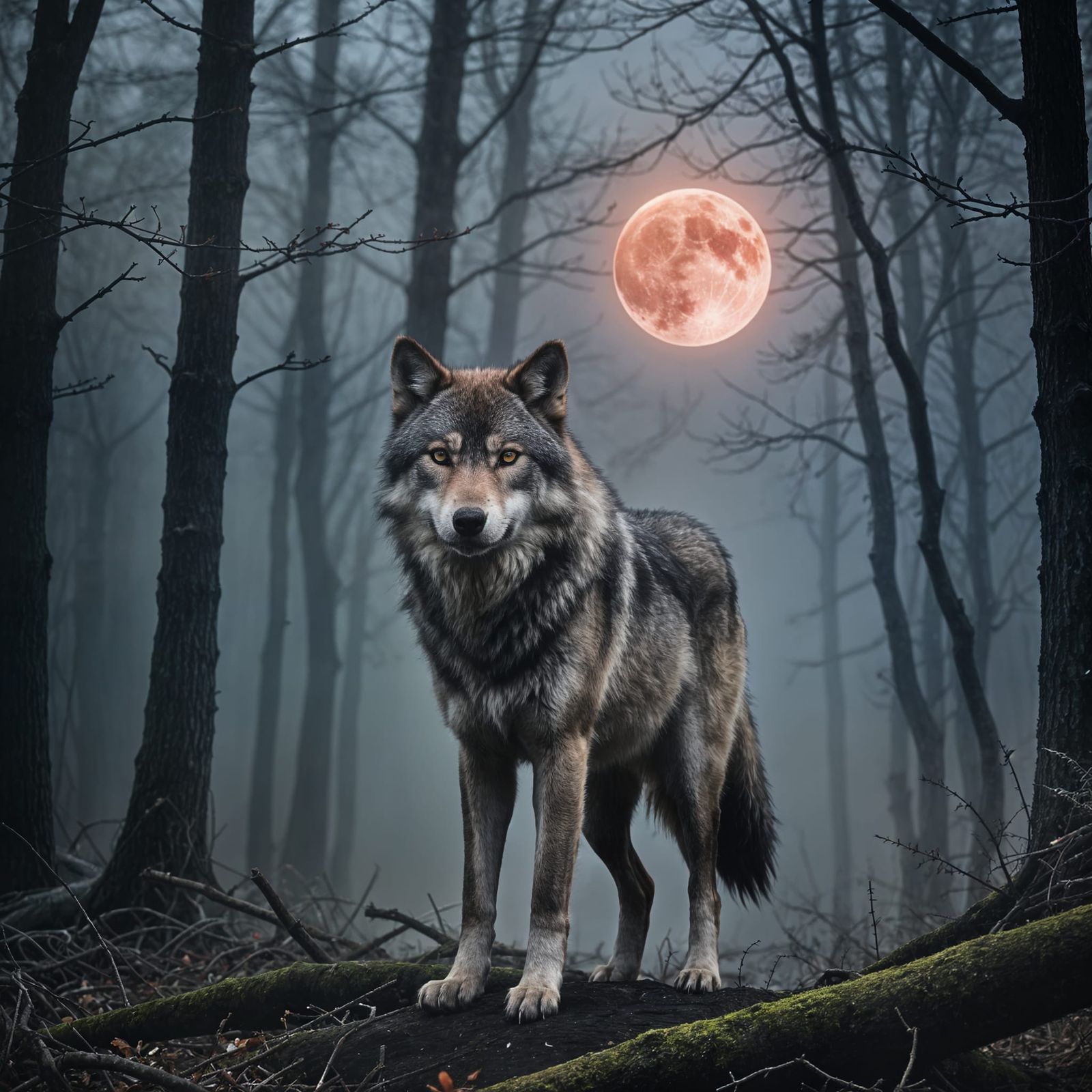 Wolf with Red Eyes Under Full Moon