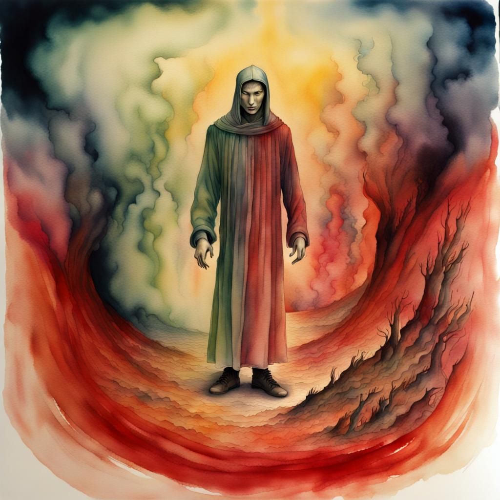 Giovanni Boccaccio in Dante's Inferno: Surreal Watercolor