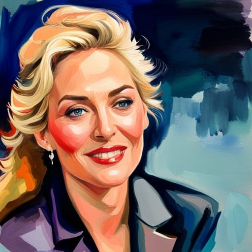 Sharon Stone Portrait in Gouache Watercolor Style