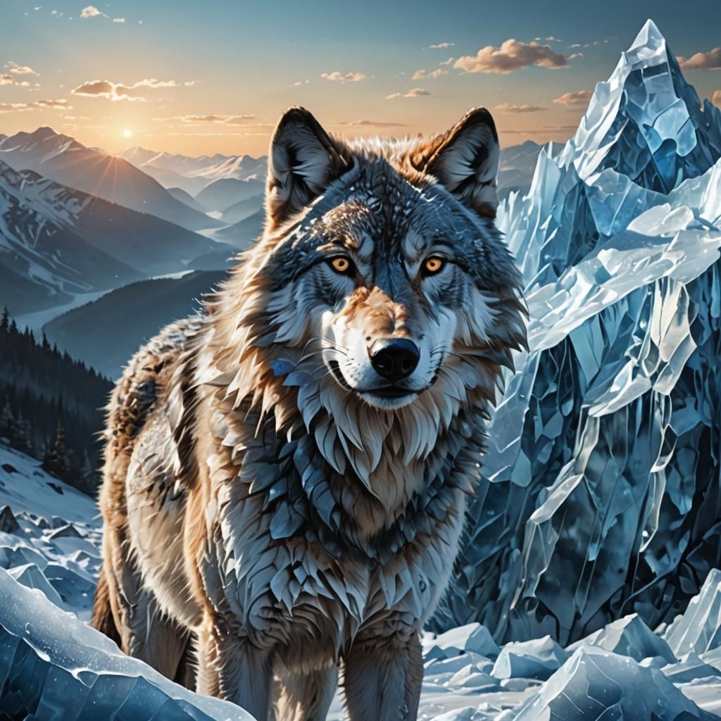 Icy Wolf in Mountain Landscape: Digital Art