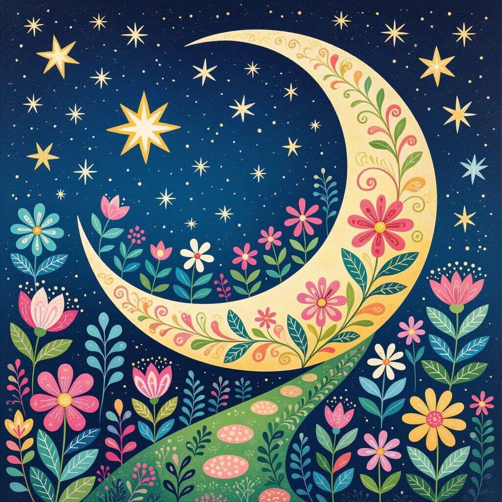 Mystical Moon Garden in Whimsical Folk Art Style