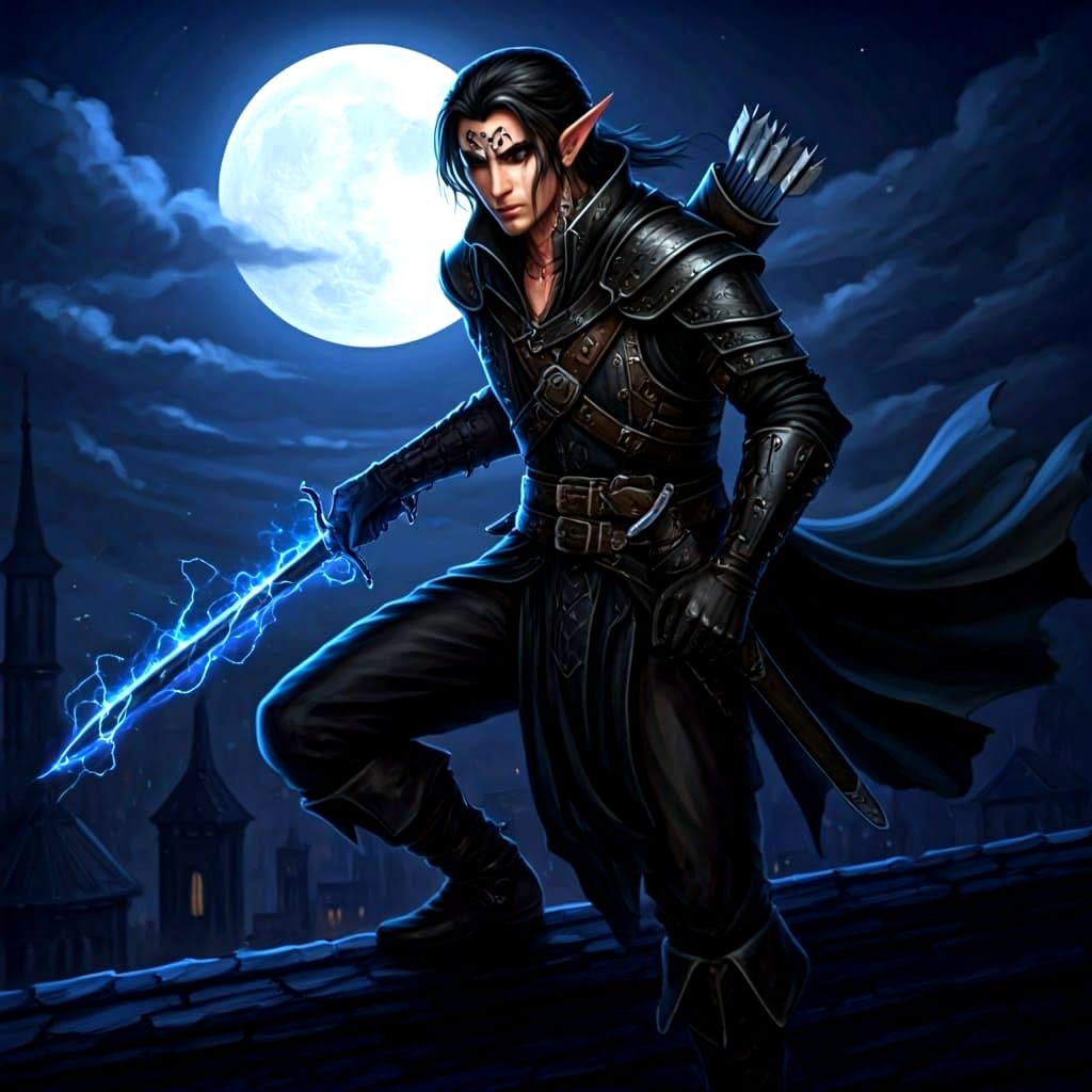 Half-Elf Rogue with Lightning Sword on Rooftop