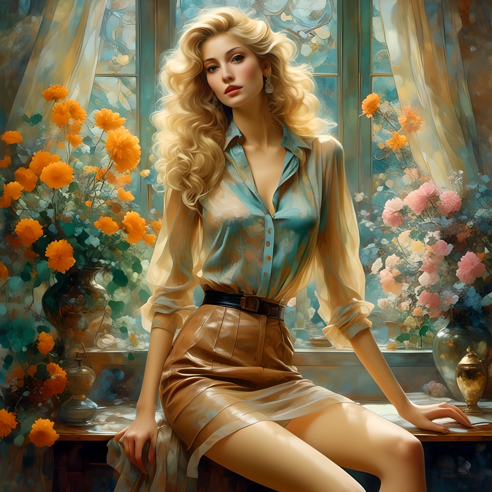 Blonde Woman in Floral Blouse, Fashion Portrait