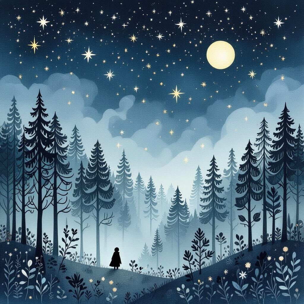 Mysterious Misty Forest Under Endless Starry Sky