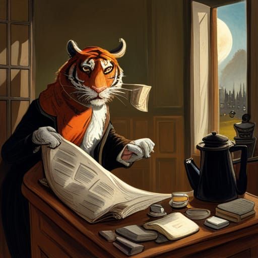 A chubby tiger reading a newspaper in his study with a cup of coffee V