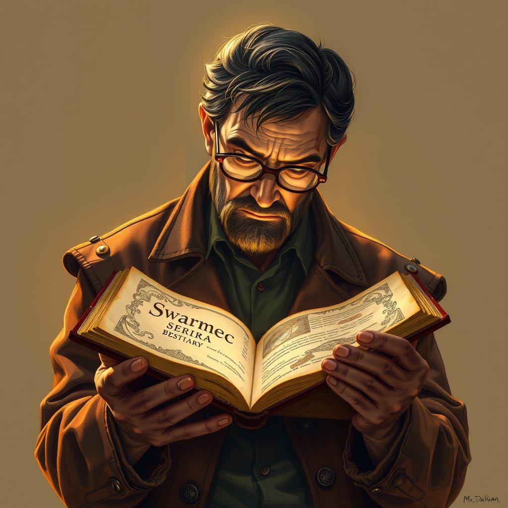 Elderly Man Opens Ancient Bestiary in Retro Sci-Fi Style