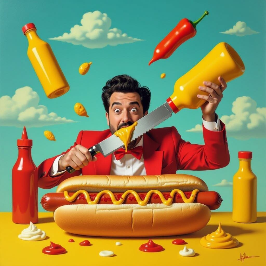 Surrealist Hot Dog Masterpiece in Vibrant Whimsical Setting