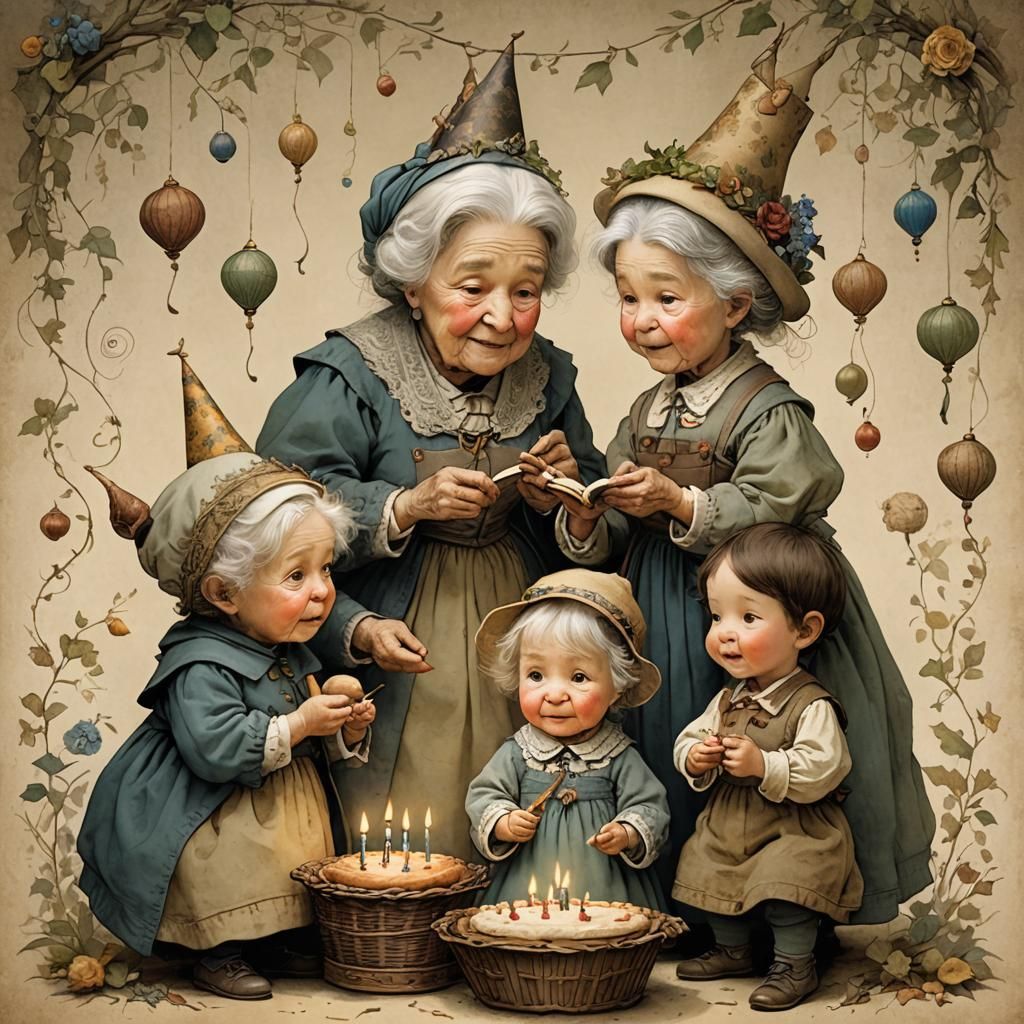 Toddler Siblings Sing to Grandma: Detailed Illustration