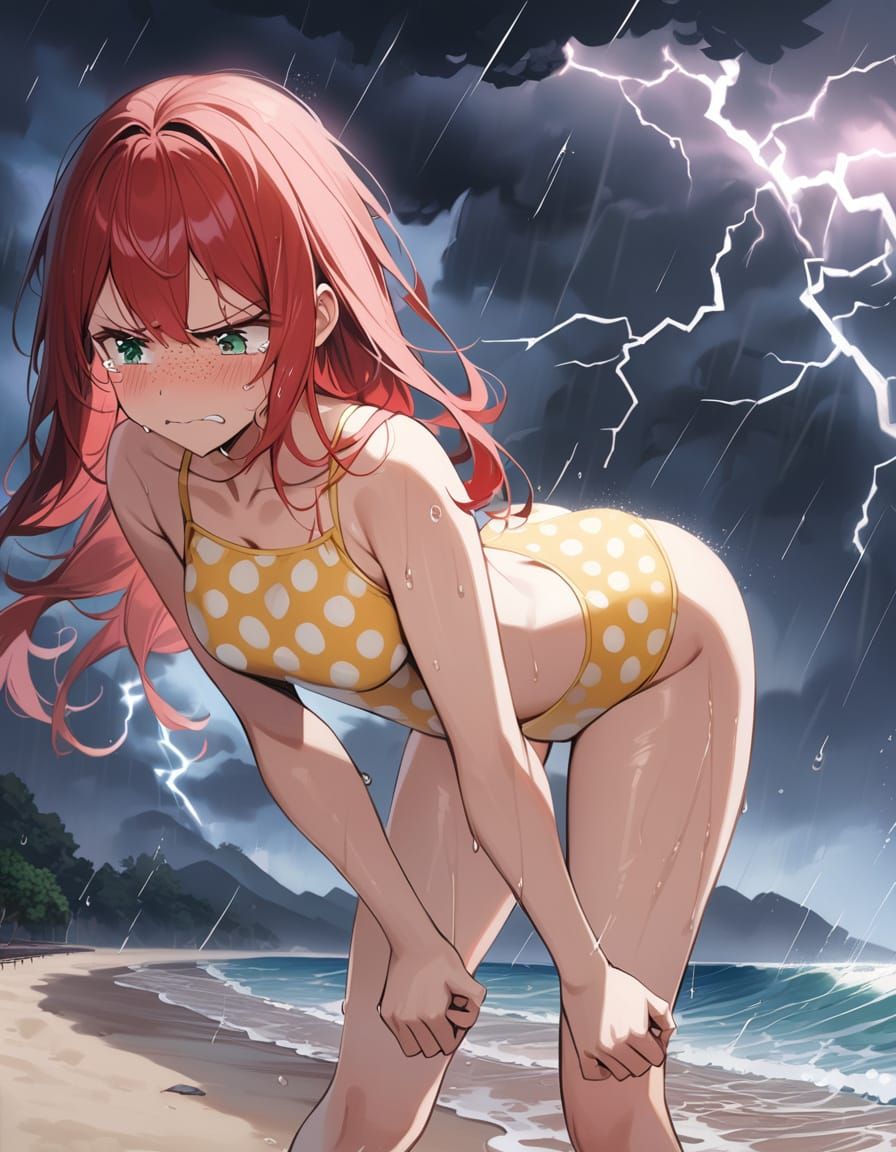 Angry Redhead in Polka Dot Swimsuit During Storm