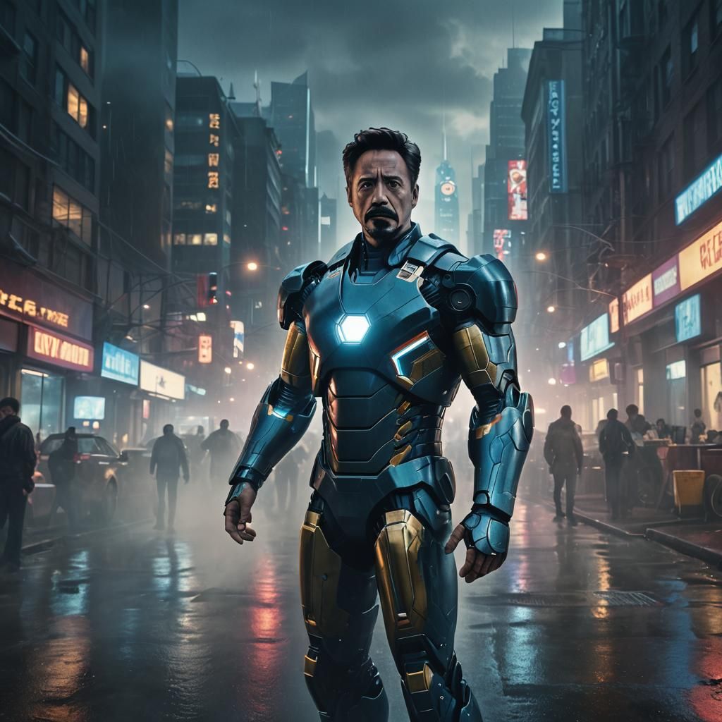 Heroic Iron Man Figure in Moody Cityscape