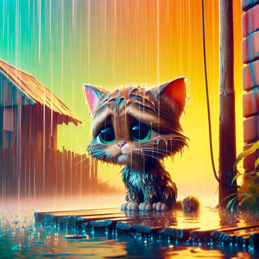 Moody Village Cat Takes Refuge in Rainy Night