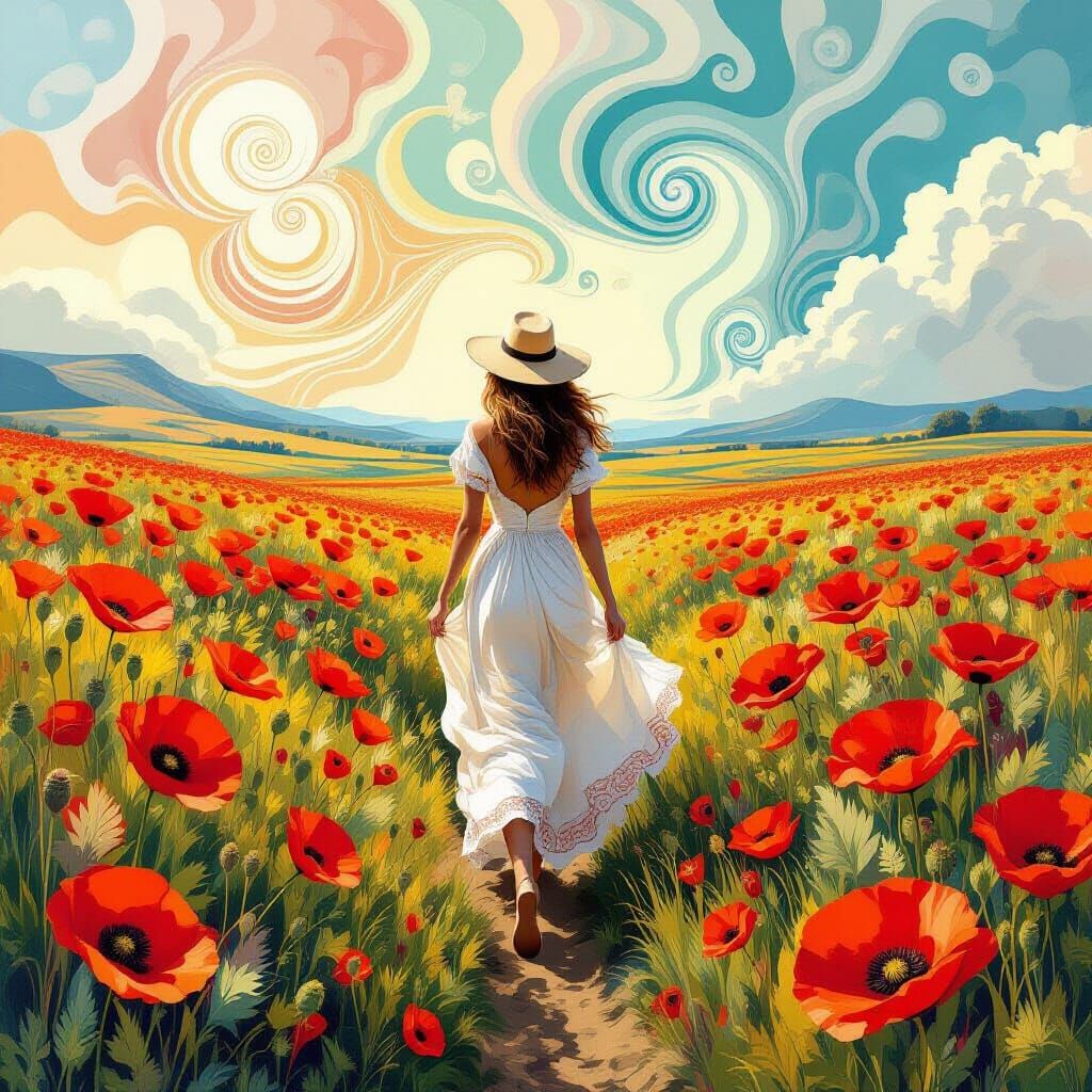 Woman in Poppy Field: Surreal Abstract Art