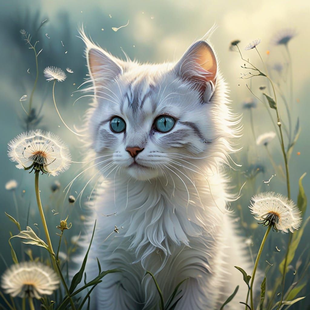 Whimsical Kitten with Dandelion in Dreamlike Digital Art