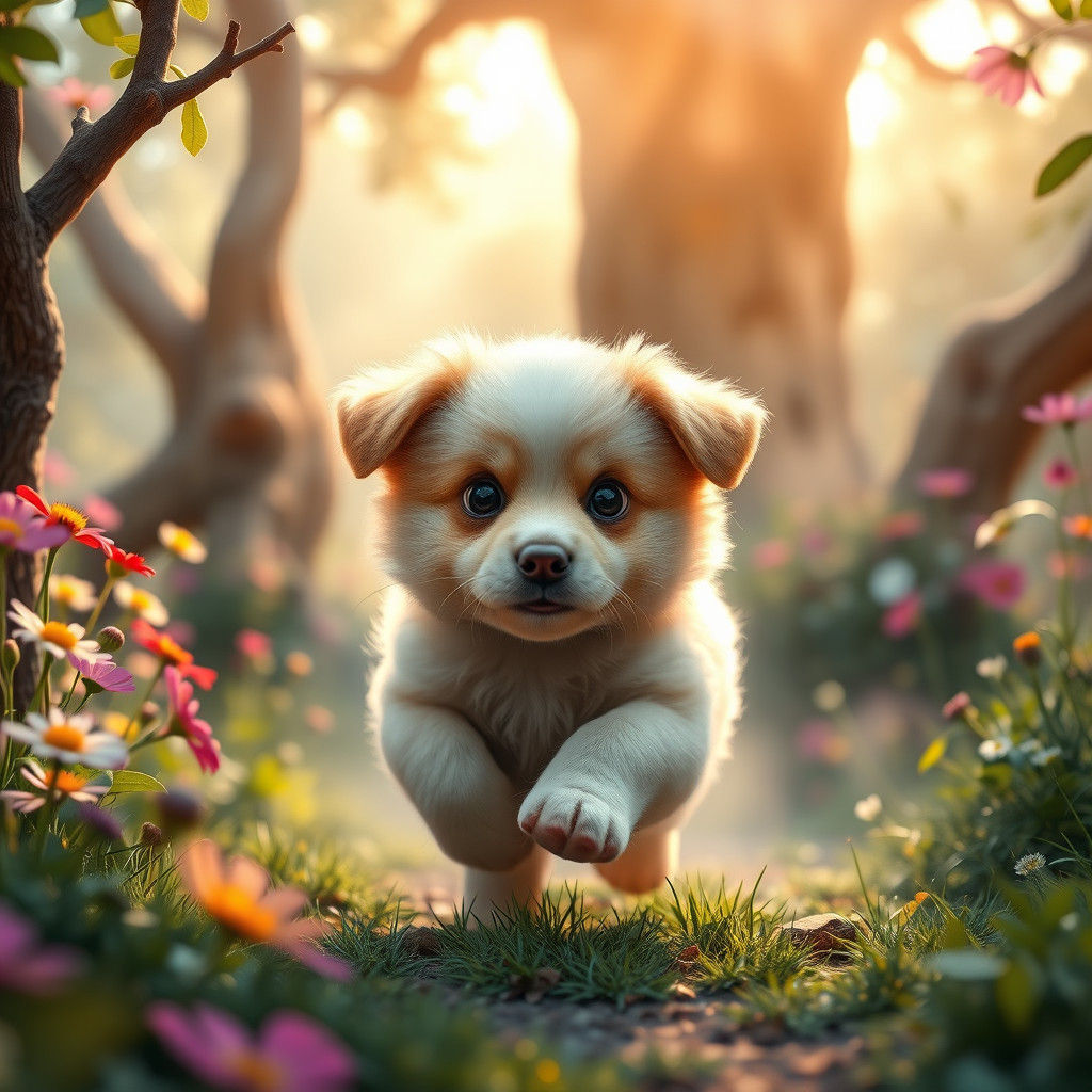 Adorable Puppy Frolics in Fantasy Garden