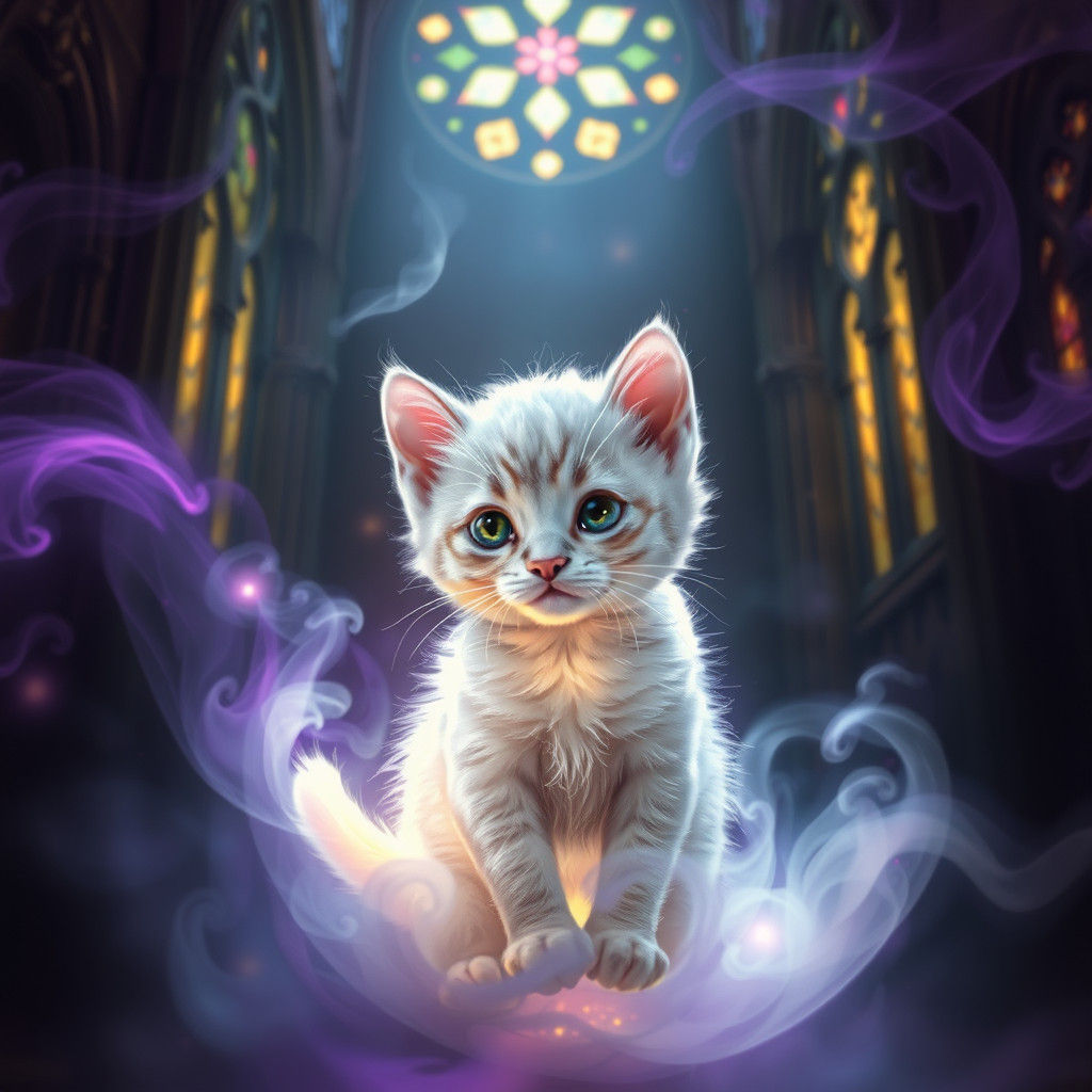 Ethereal Kitten in Gothic Cathedral, Art Nouveau Style