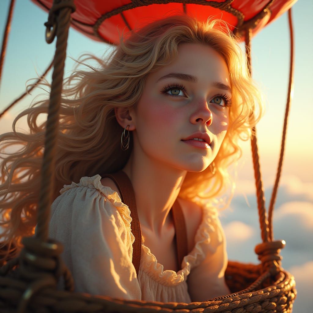 Ethereal Blond Beauty in Vibrant Hot Air Balloon Portrait
