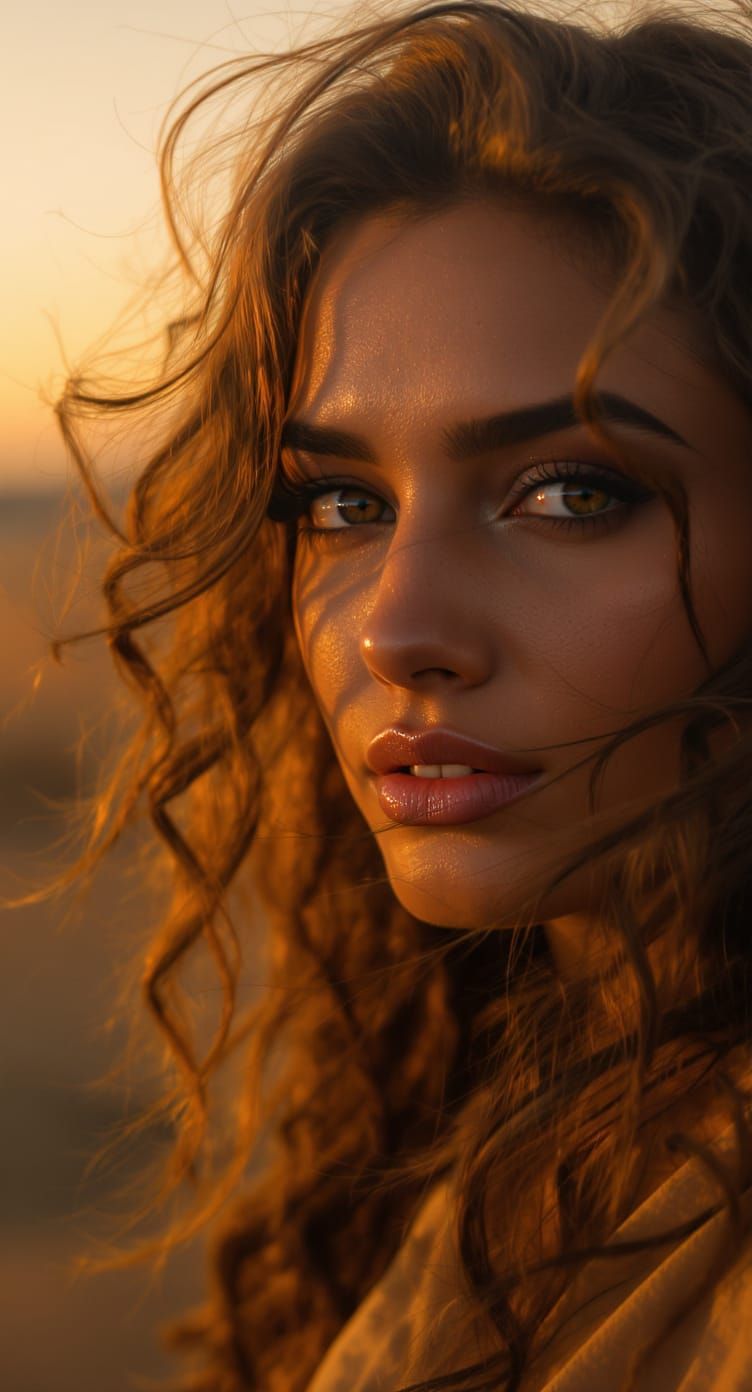 Hyperrealistic Portrait of Woman with Windswept Curls