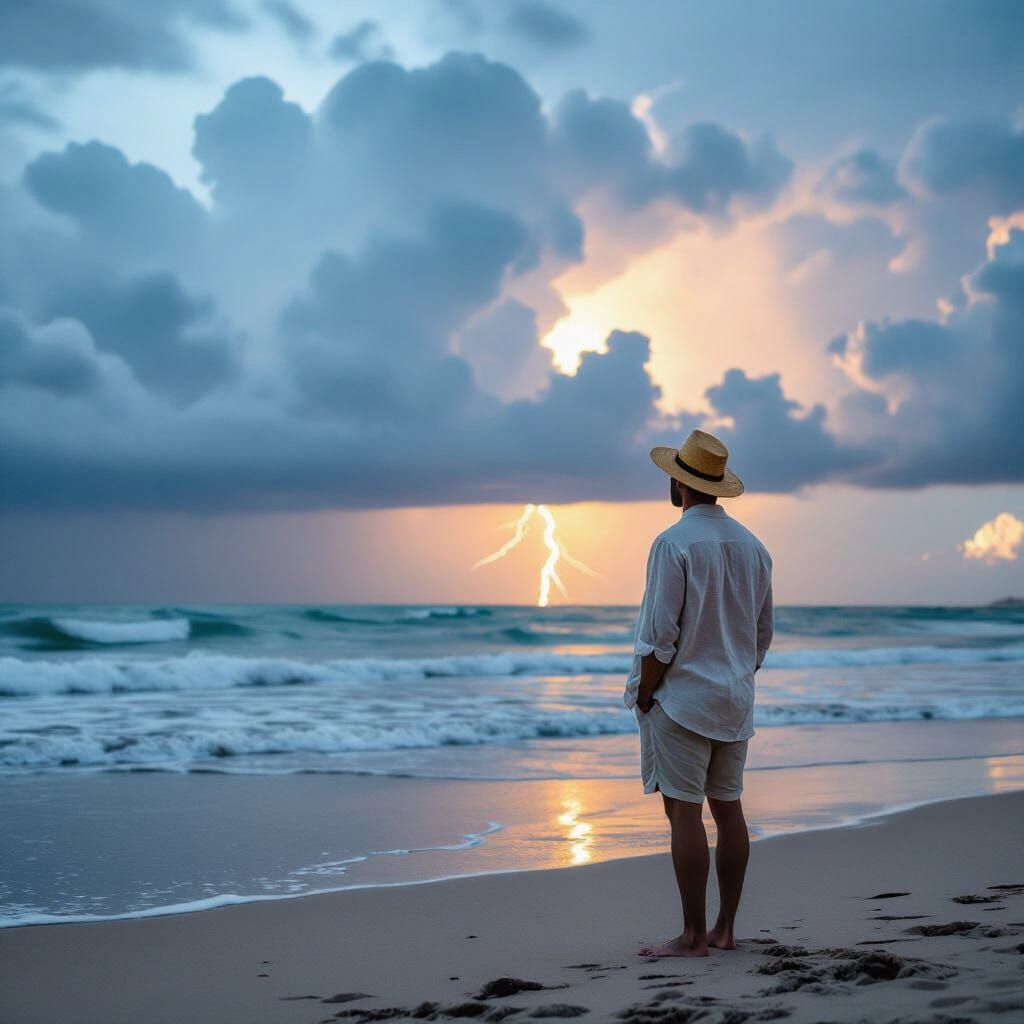 Man Gazes at Stormy Horizon in Vintage Fashion Photo
