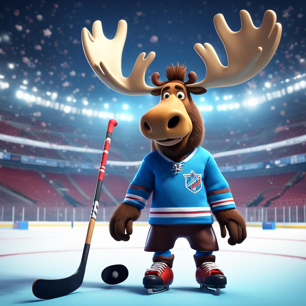 Cartoon Moose Plays Hockey in 3D Digital Art