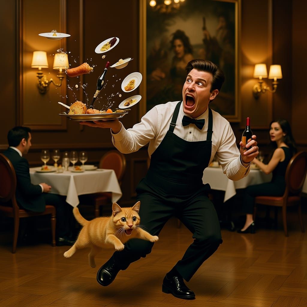 Waiter Trips Over Cat in Luxurious Restaurant