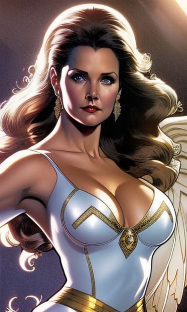 Young lynda carter as emma frost , Insanely detailed face, highly detailed art, smooth, sharp focus, illustration, cinem...