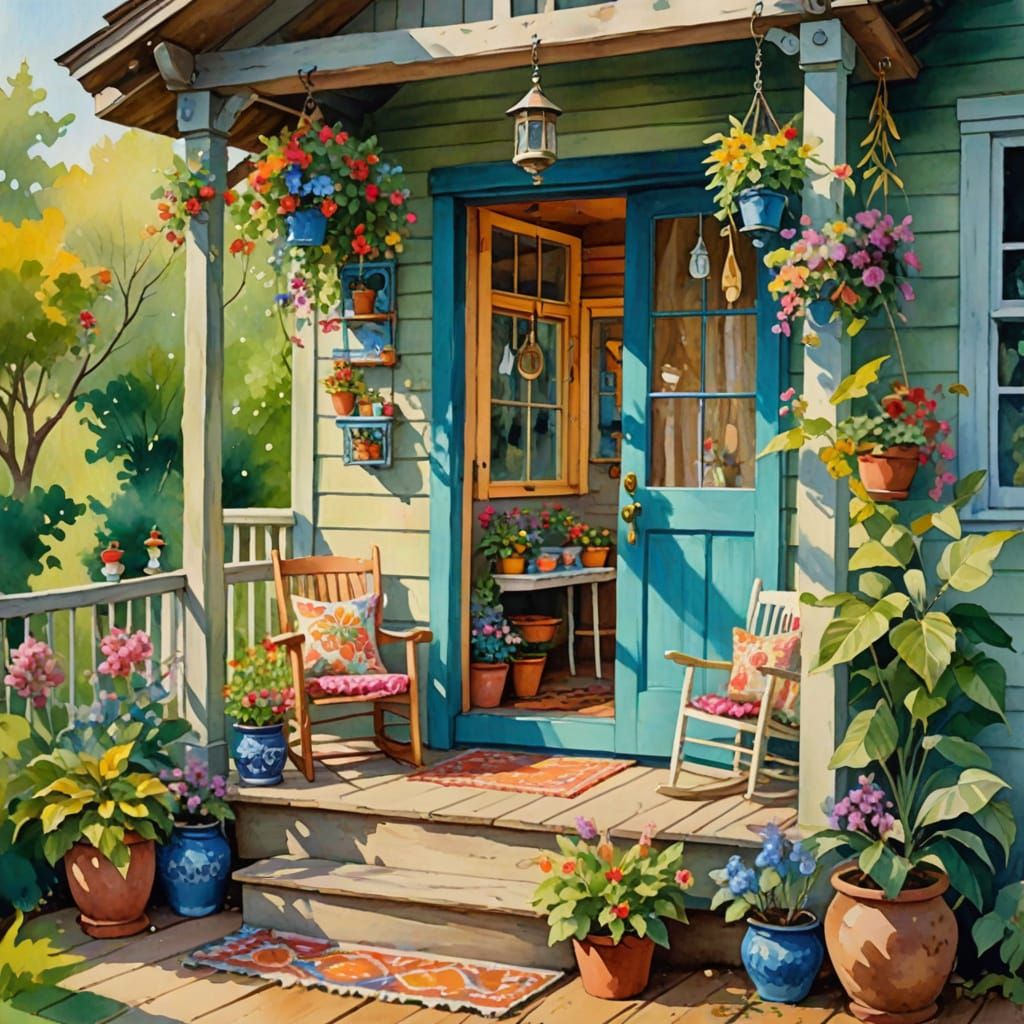 Whimsical Bohemian Cottage Porch Scene in Vibrant Gouache