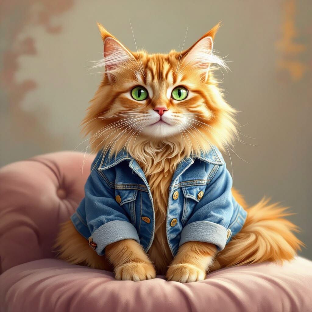Fluffy Ginger Cat in Denim Jacket on Velvet Cushion