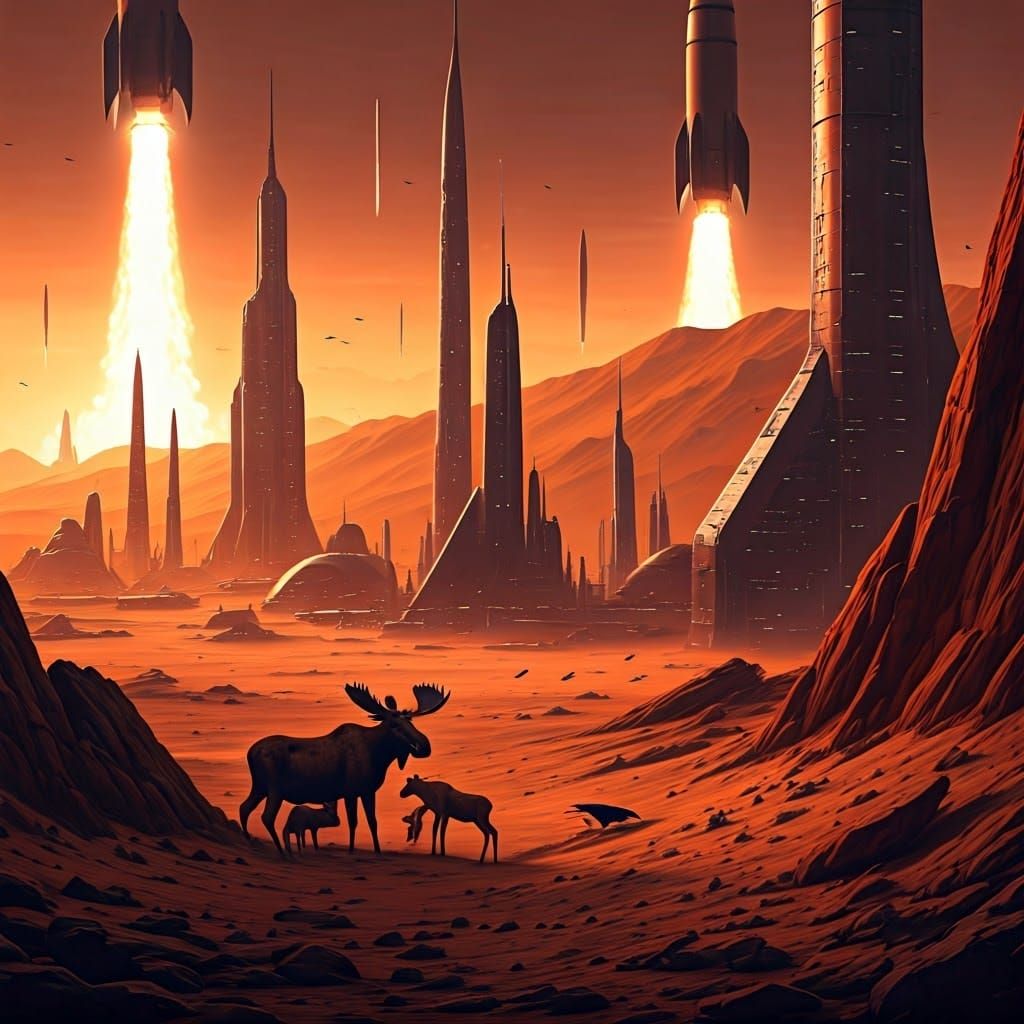 Moose Gives Birth to Calf Amidst Martian Landscape with Crow...