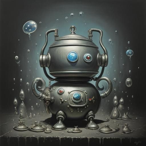 Cute Robots and Bubbling Cauldron in Dali Style