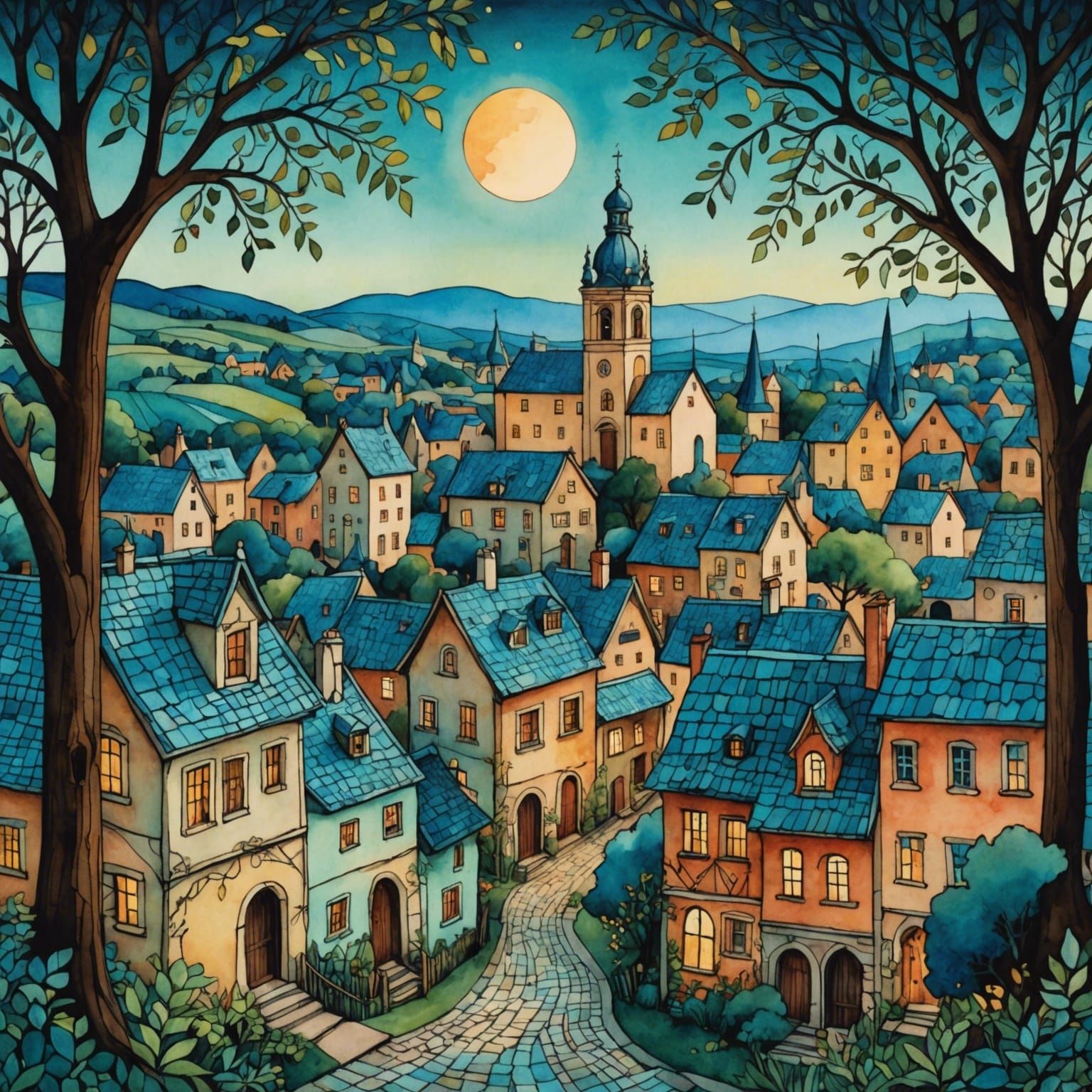 Watercolor Village at Twilight in Baroque Style