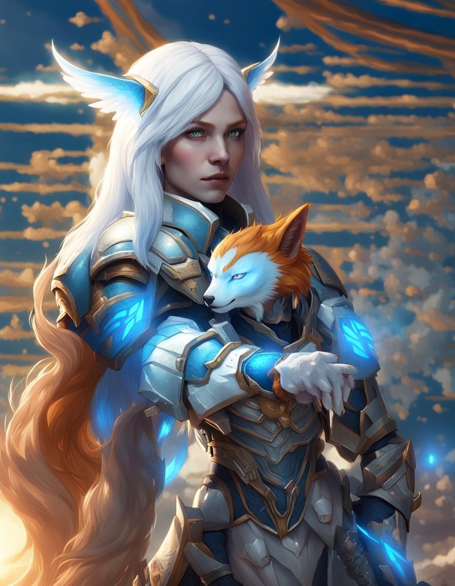 Winged Kitsune Warrior in Detailed White and Blue Armor