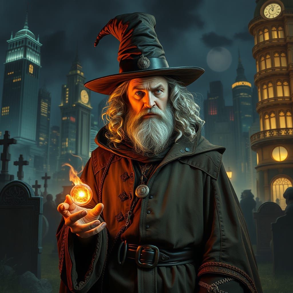 Steampunk Warlock Conjuring Spirits in Graveyard
