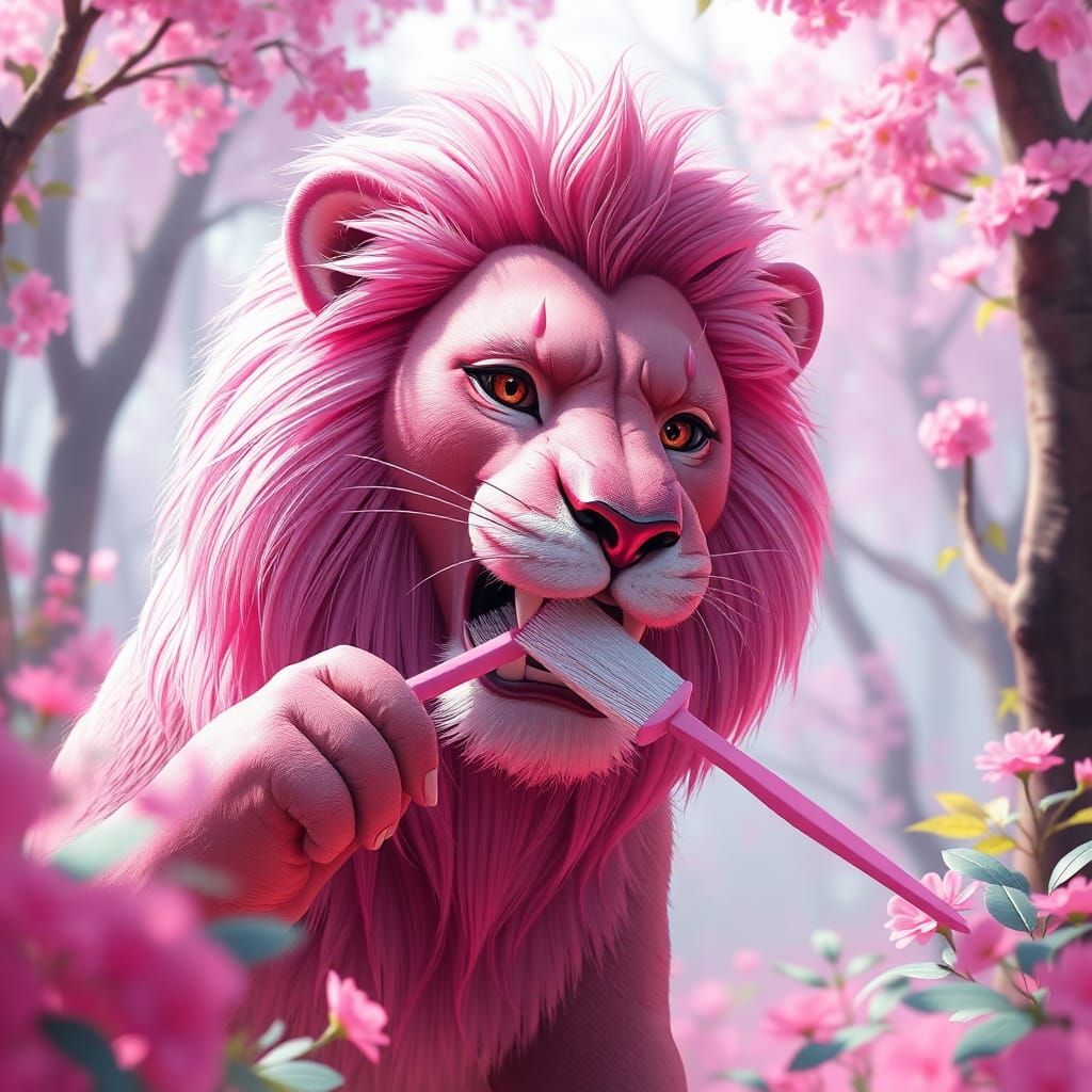 Pink Lion Brushing Teeth in Pink Forest
